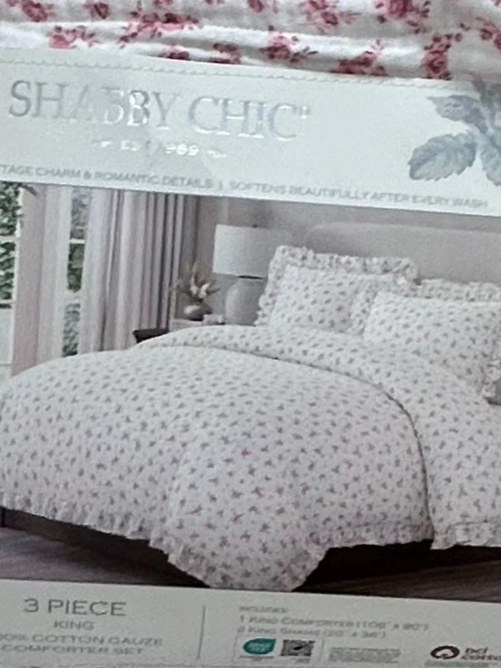 Shabby Chic Floral Pink and White Cotton Gauze King Comforter Set 106”x90”